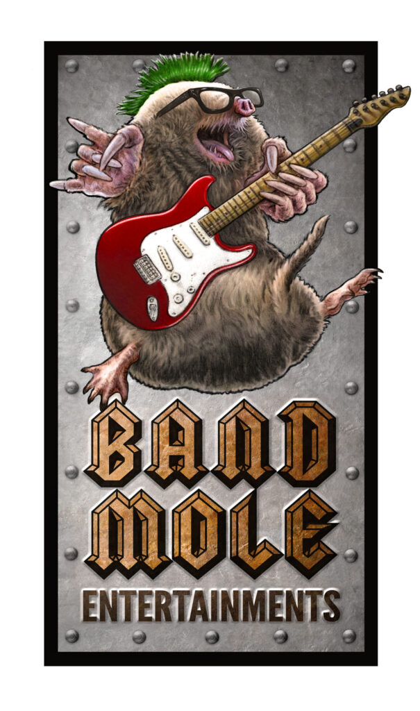 Band Mole - logo for the music management company, Band Mole Entertainments, featuring a mohawked ground mole wearing Buddy Holly glasses and leaping up as it plays an electric guitar, on a steel studded background.